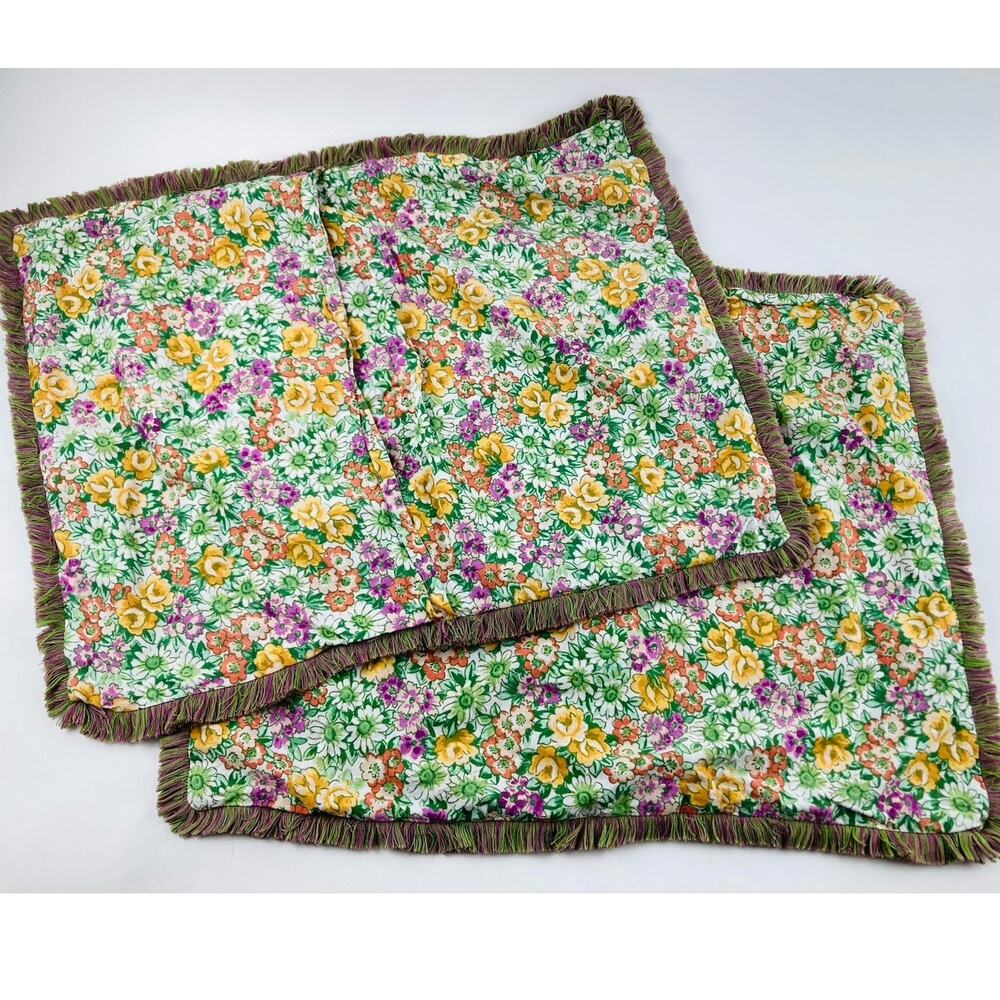 VTG LADY PEPPERELL SET 2 PILLOWCASES Fringe Purple Green Floral Wild Flowers Yel